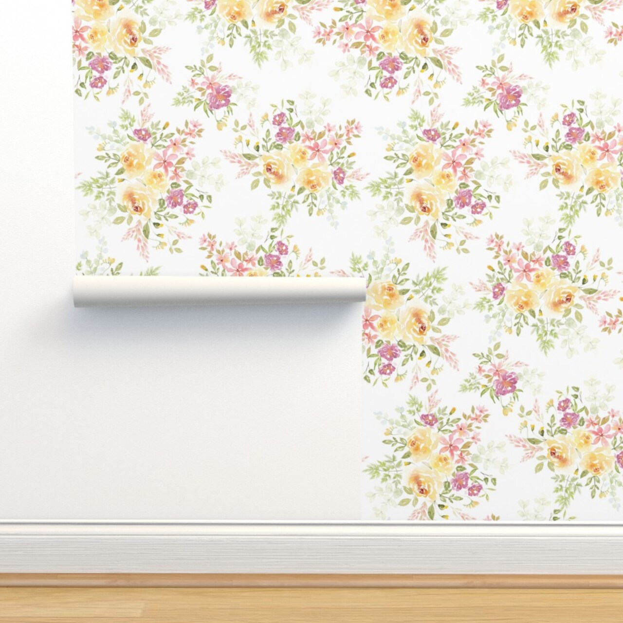 Yellow Floral Watercolor Rose Morning Dew Cottagecore Granny Chic Large Scale Custom Removable Wallpaper by Spoonflower Peel & Stick Wallpaper 2FT Wide